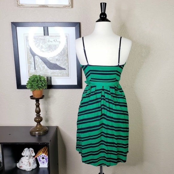 ANTHROPOLOGIE MOULINETTE SOEURS ~Kelly Green & Navy Striped Strapless Dress~Sz 0 - Picture 2 of 2